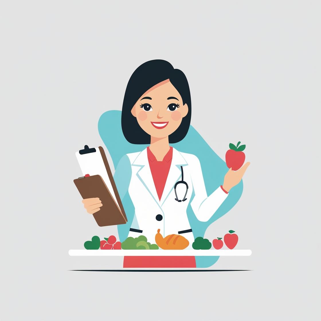 Doctor inspecting different types of food on a table.
