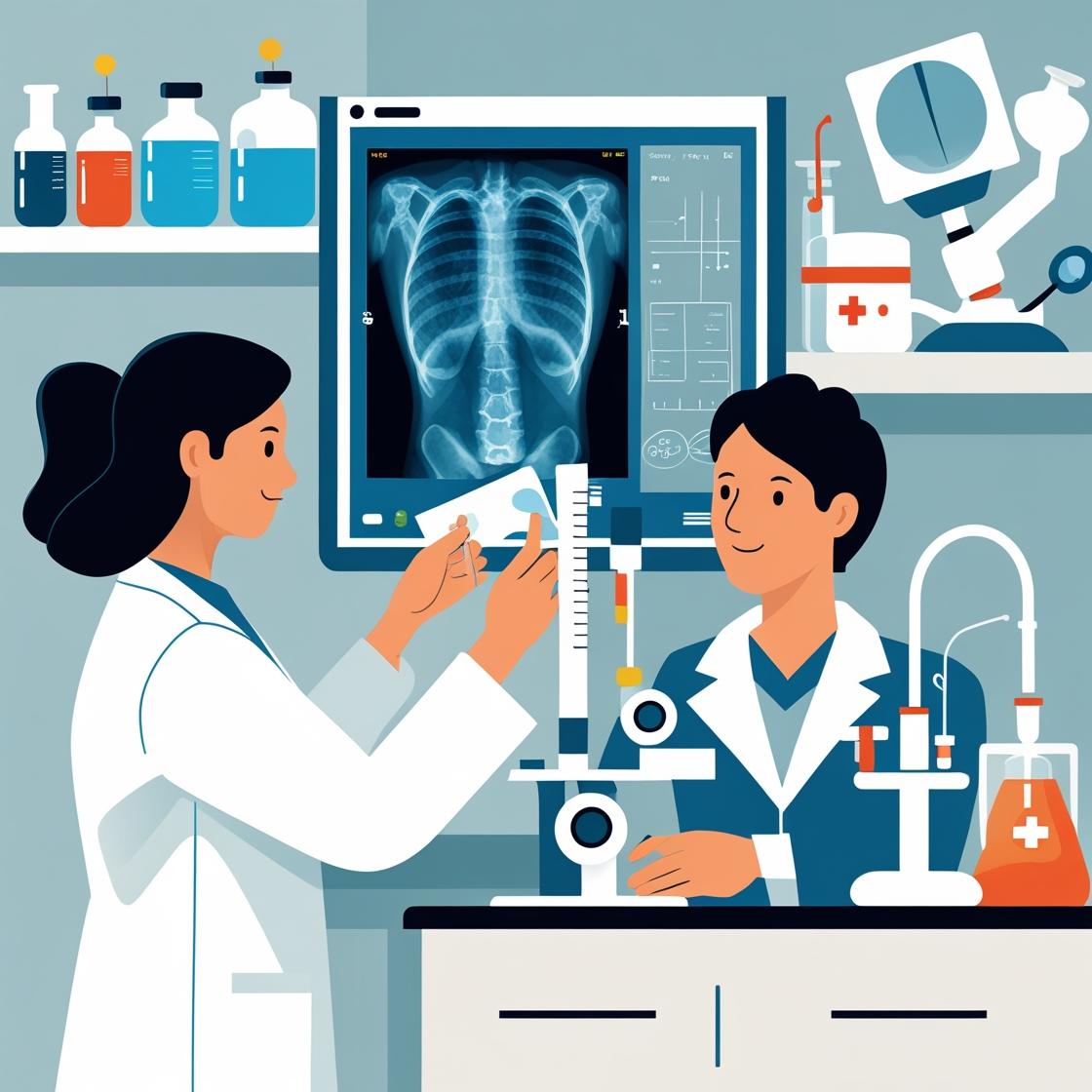 Two doctors working in a lab with an X-ray in the background.