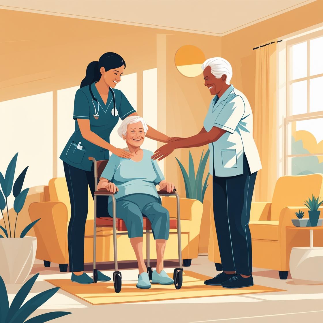 A caregiver and her elderly patient with another elderly man.
