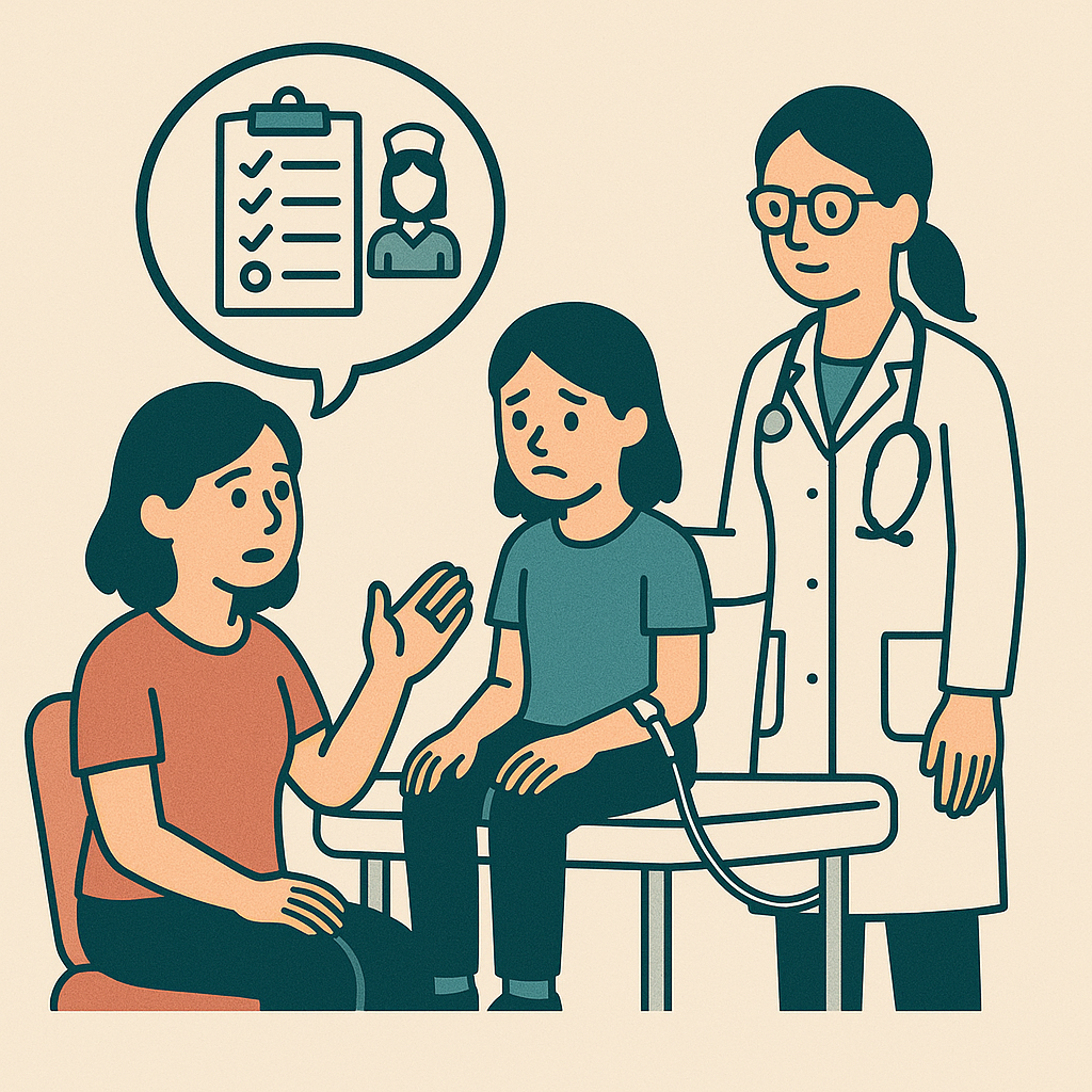 Mother talking to doctor in front of her daughter.