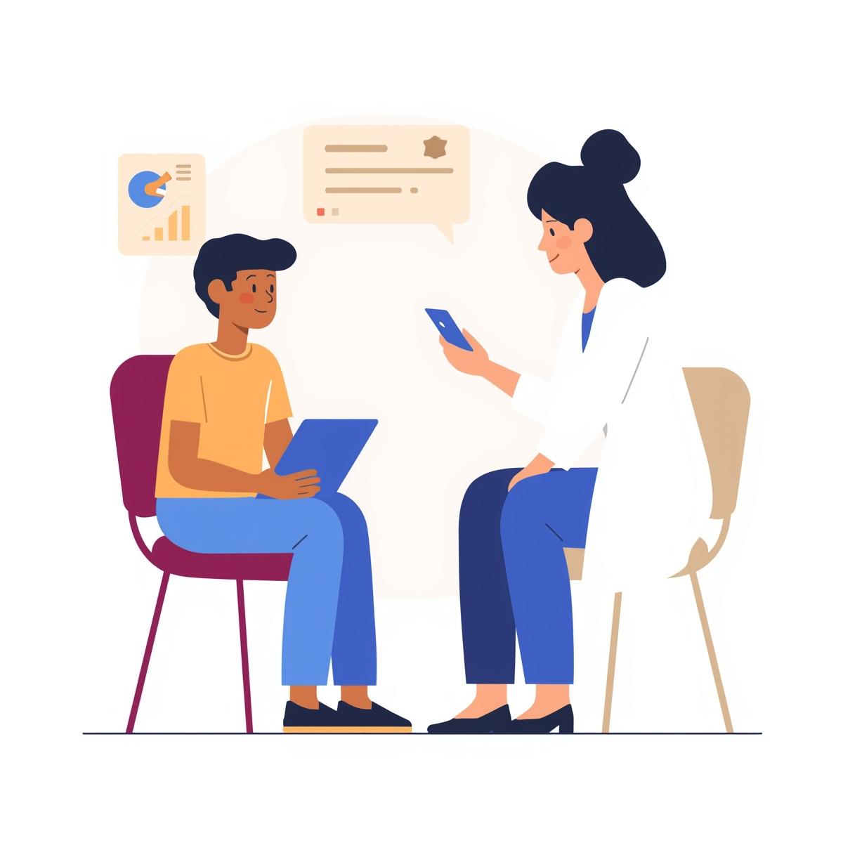 Doctor talking to a person who is sitting with an electronic tablet.