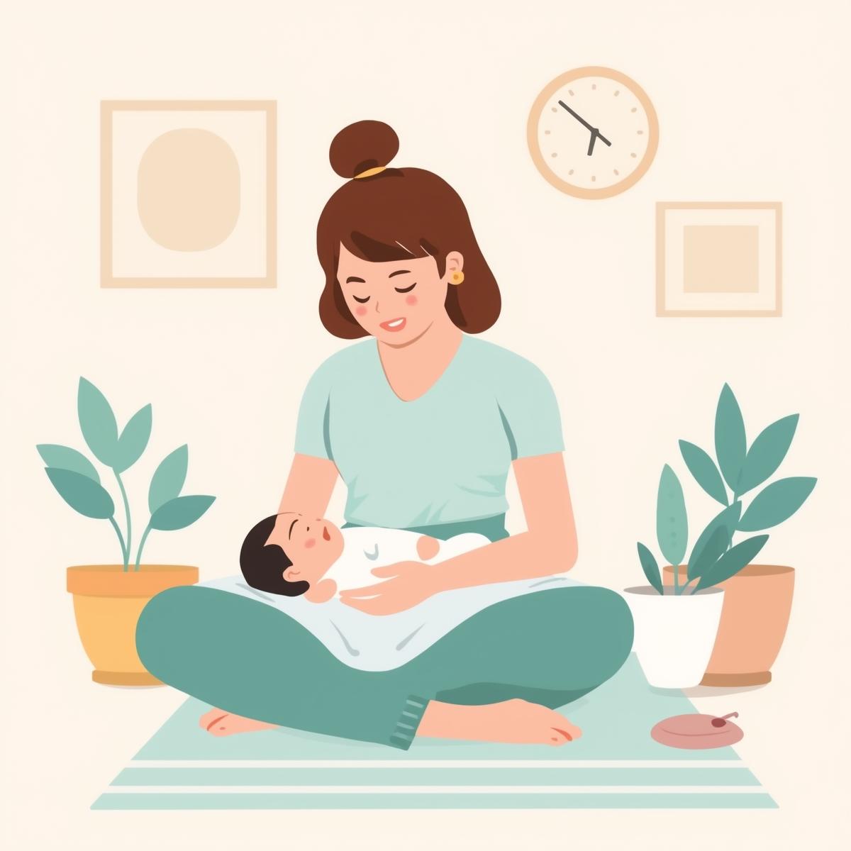 Woman sitting cross legged holding her baby.