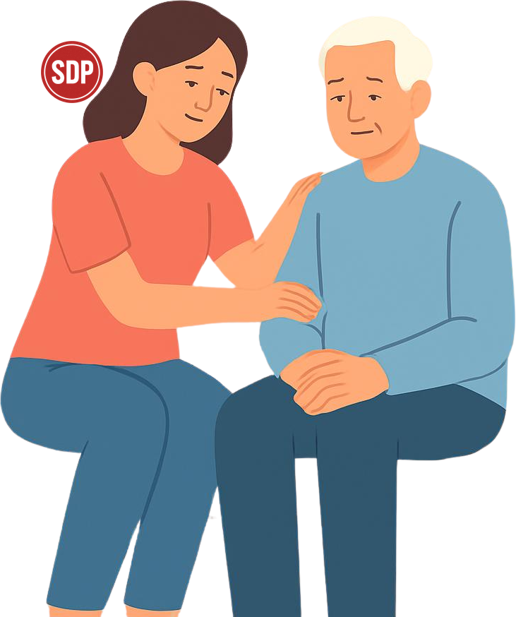 SDP stamp. Man receiving care from a woman.
