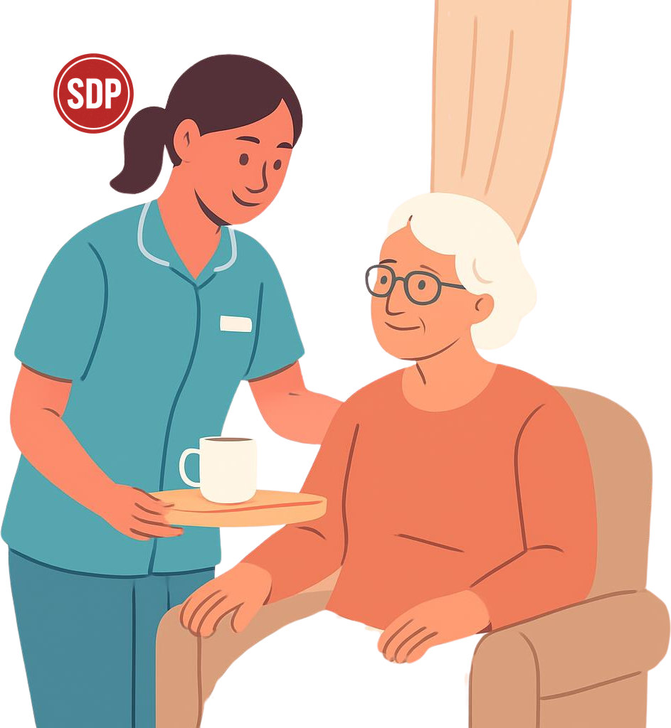 Live-in caregiver in a home environment. SDP stamped.
