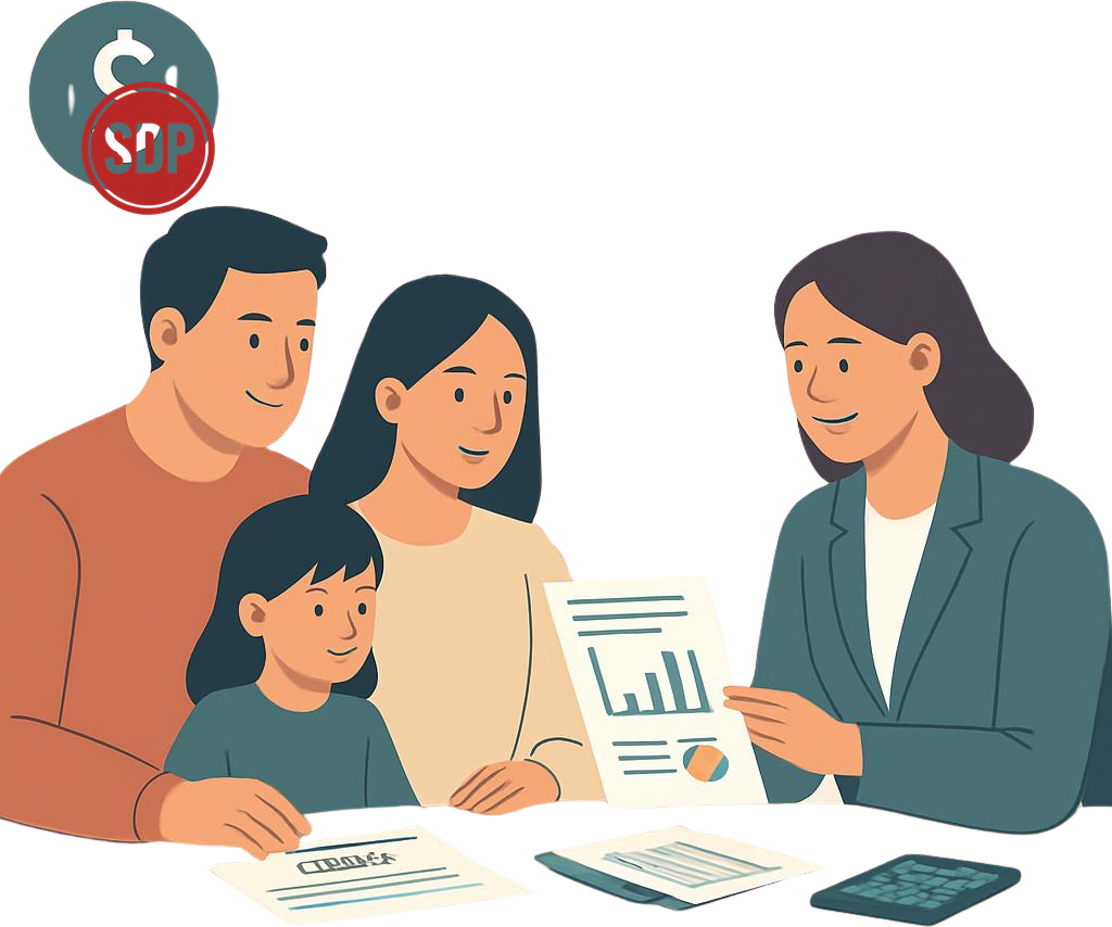 Professional advisor helping family or participant with budget management and financial planning. SDP stamped.