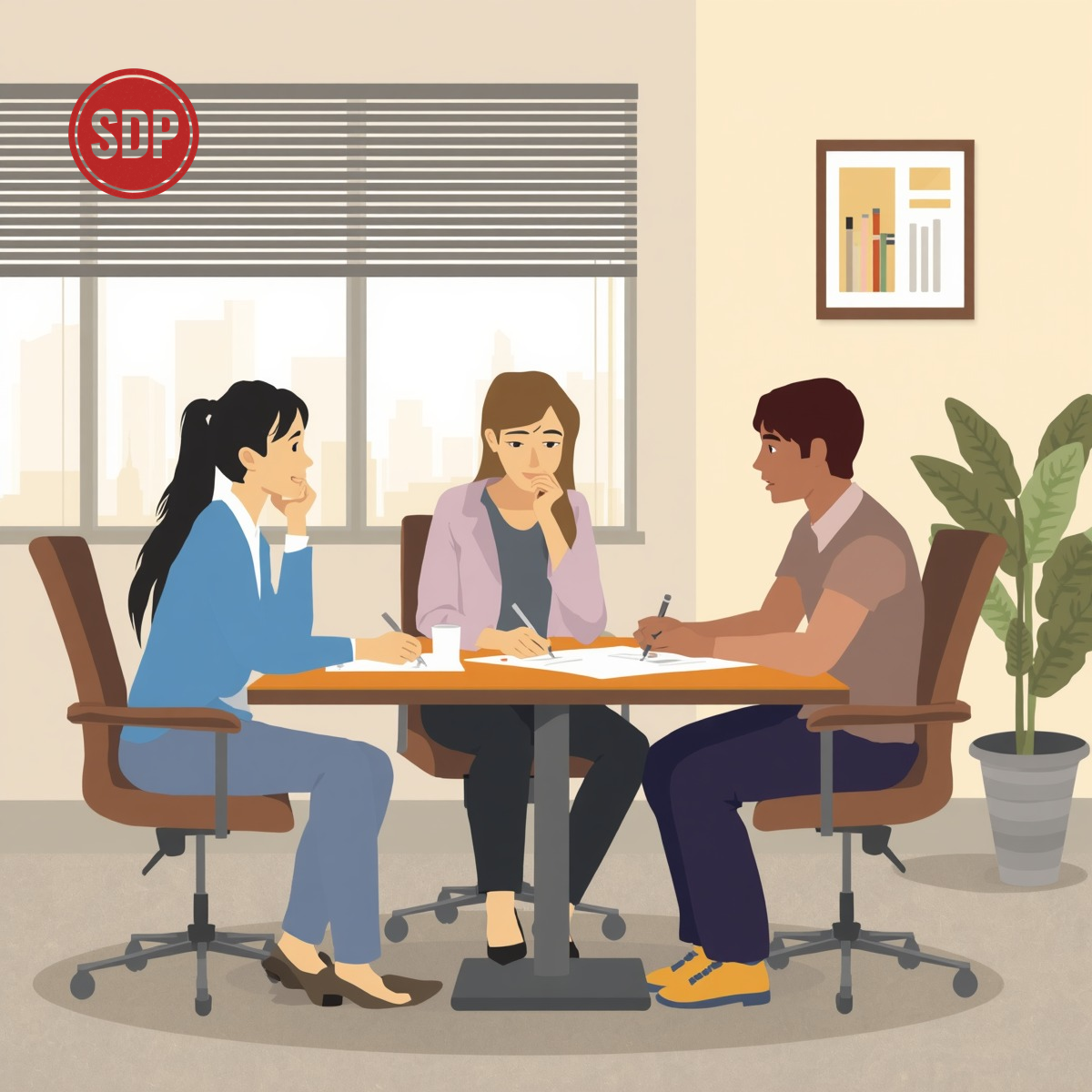 Independent Facilitator meeting with a teenager and their parent in an office setting discussing. SDP-stamped.