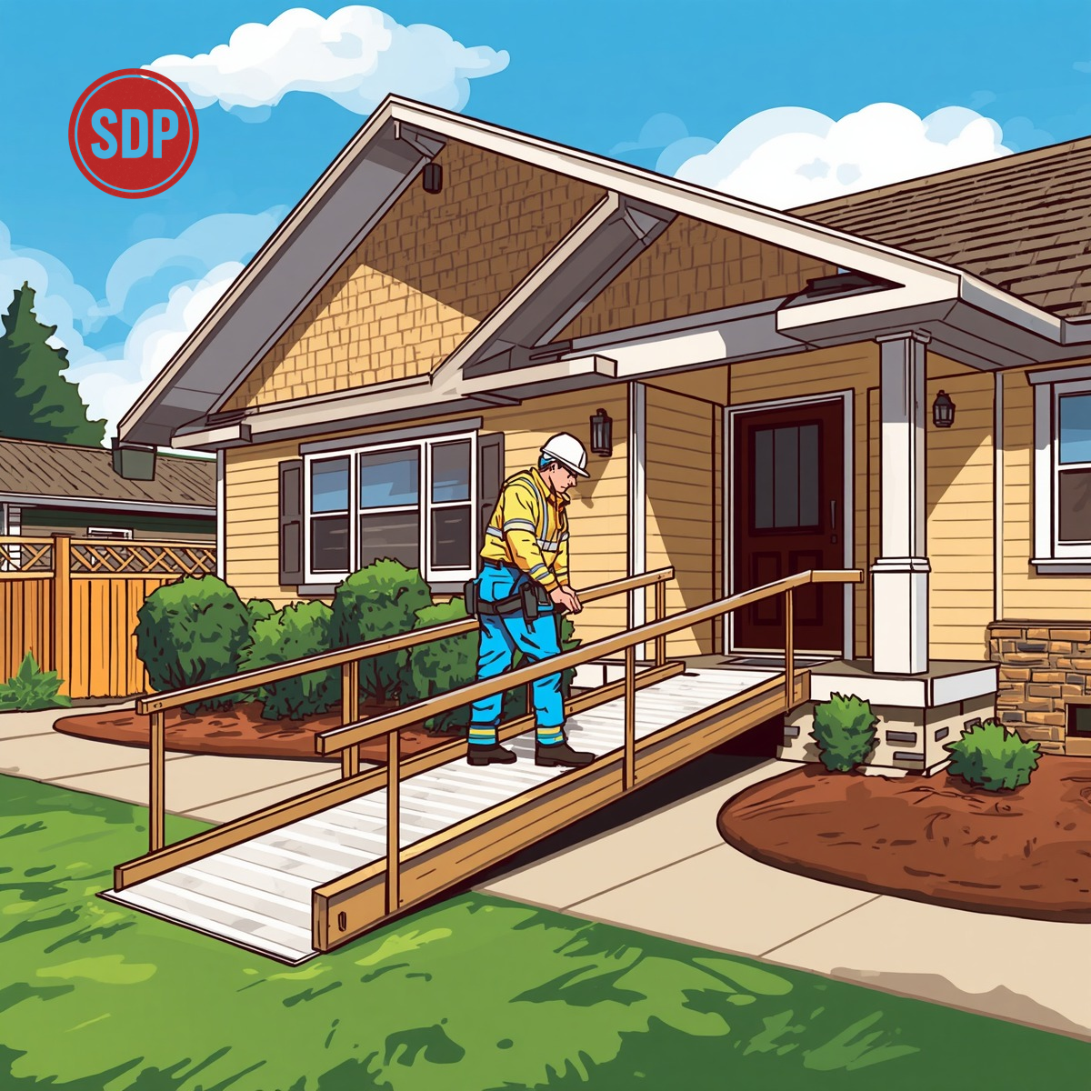 Worker building a wheelchair accessibility ramp in front of a house construction scene with railing. SDP-stamped.
