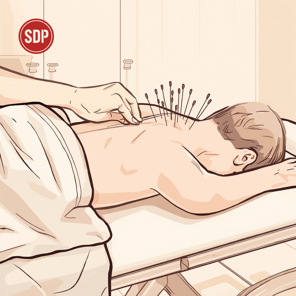 Person receiving acupuncture treatment lying on treatment table with acupuncture needles. SDP-stamped.