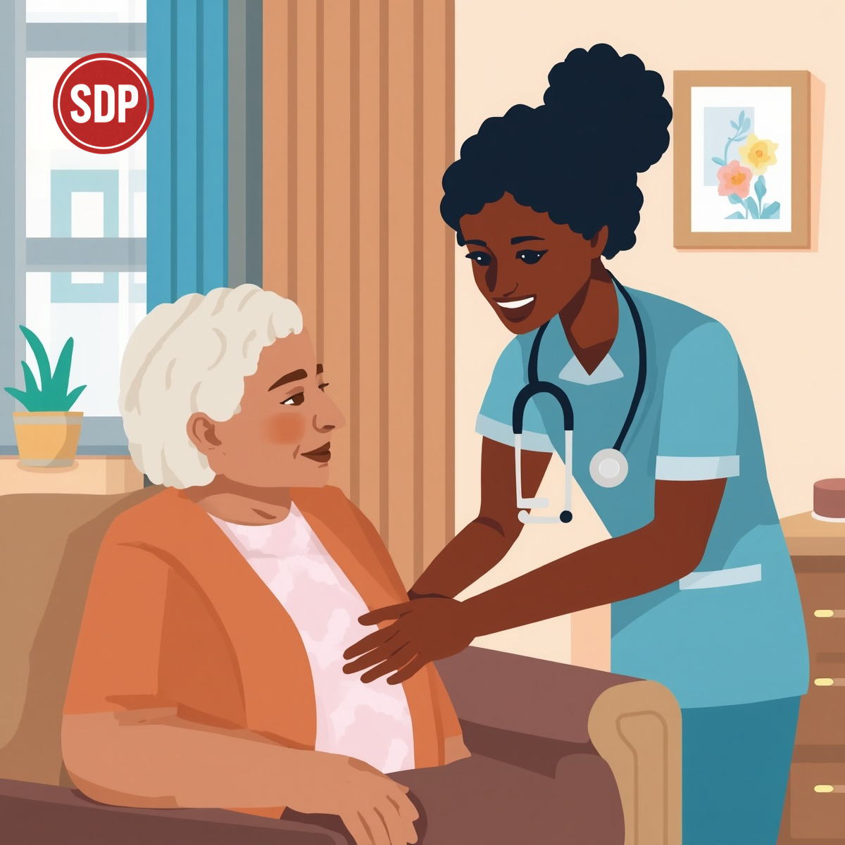 African American home health aide providing care services to elderly person at home. SDP-stamped.