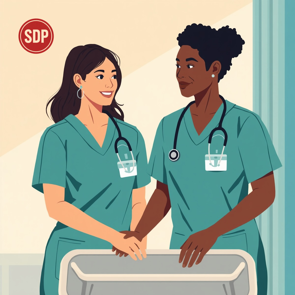 Asian American nurse and African American nurse working together in nursing home diverse. SDP-stamped.