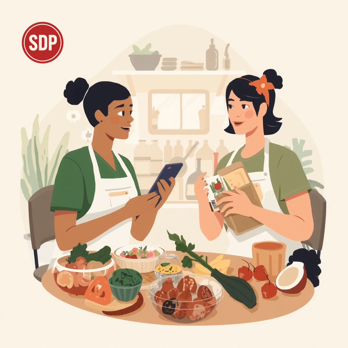 Nutritional consultation with meal prep nutritionist and client discussing healthy meal plan. SDP-stamped.