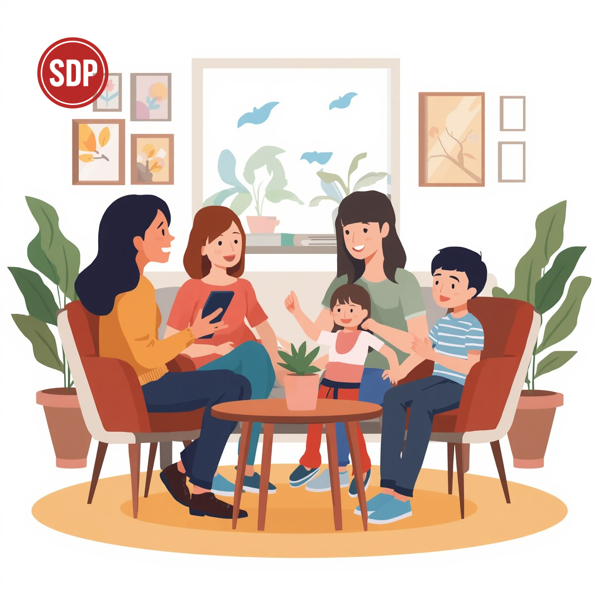 Family counseling session therapist meeting with family including parents and children in the classroom. SDP-stamped.