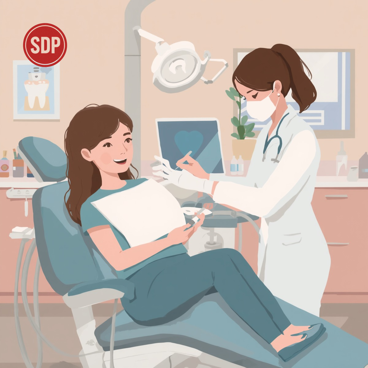 Person at the dentist patient in dental chair receiving dental care from dentist in dental seat. SDP-stamped