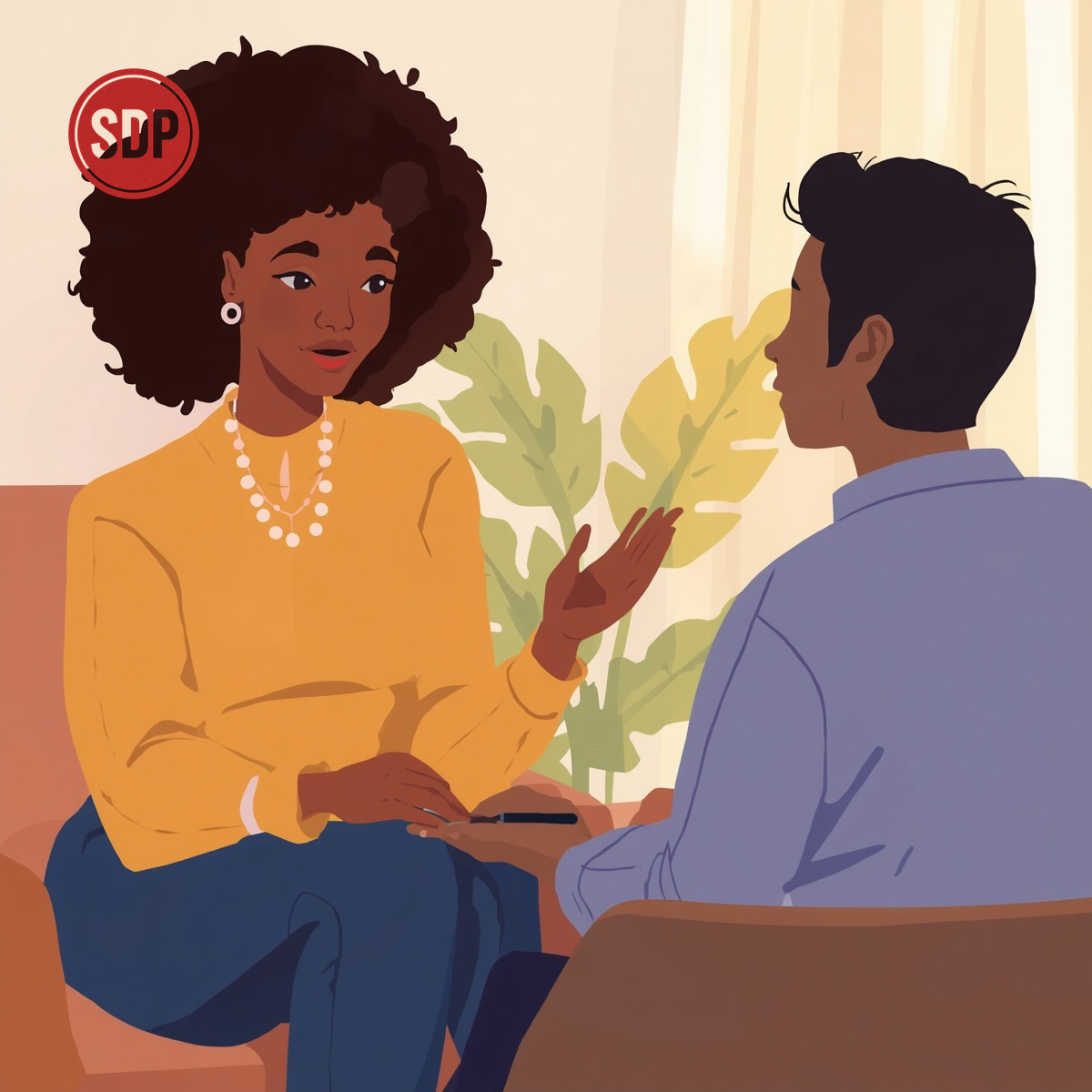 African American person speaking with psychologist in therapy session. SDP-stamped