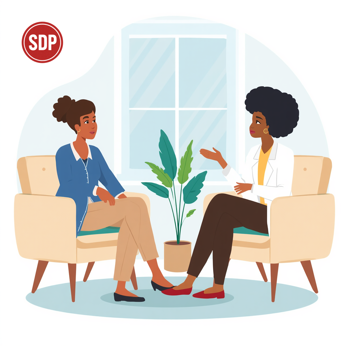 African American person speaking with psychologist in therapy session. SDP-stamped