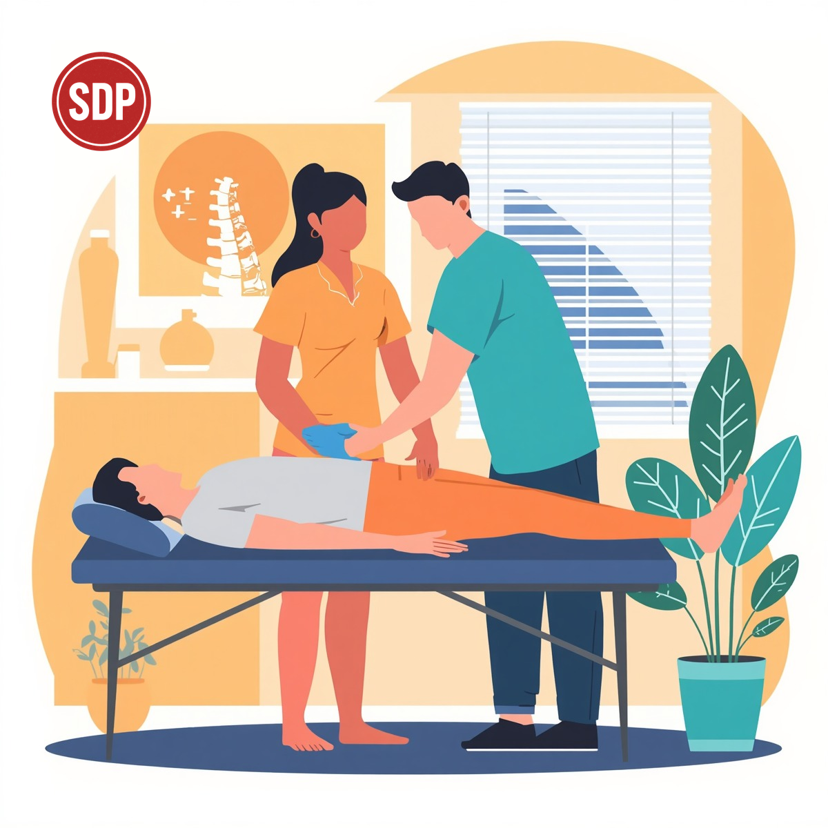 Person receiving chiropractic services chiropractor performing spinal adjustment on patient. SDP-stamped