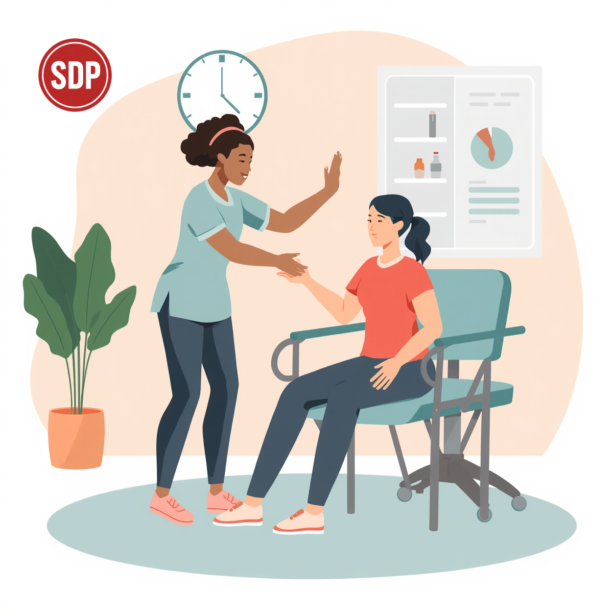 Occupational therapist working with a client, OT helping patient with therapeutic activities and rehabilitation exercises. SDP stamped.