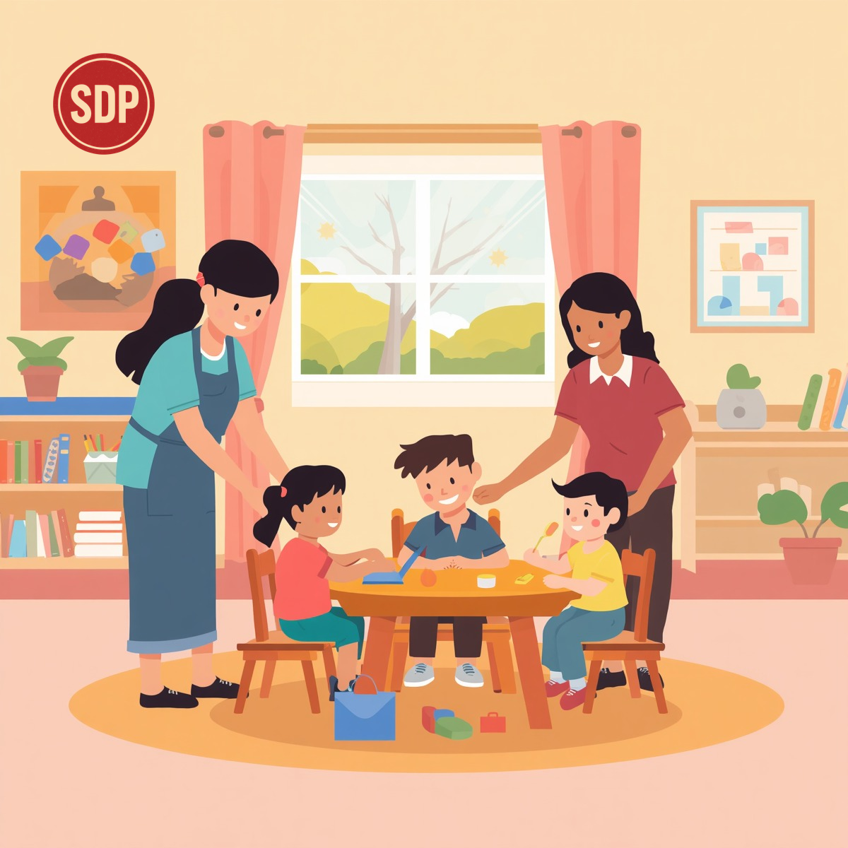 Family support services child day care facility, daycare workers caring for children, kids playing and learning. SDP stamped.