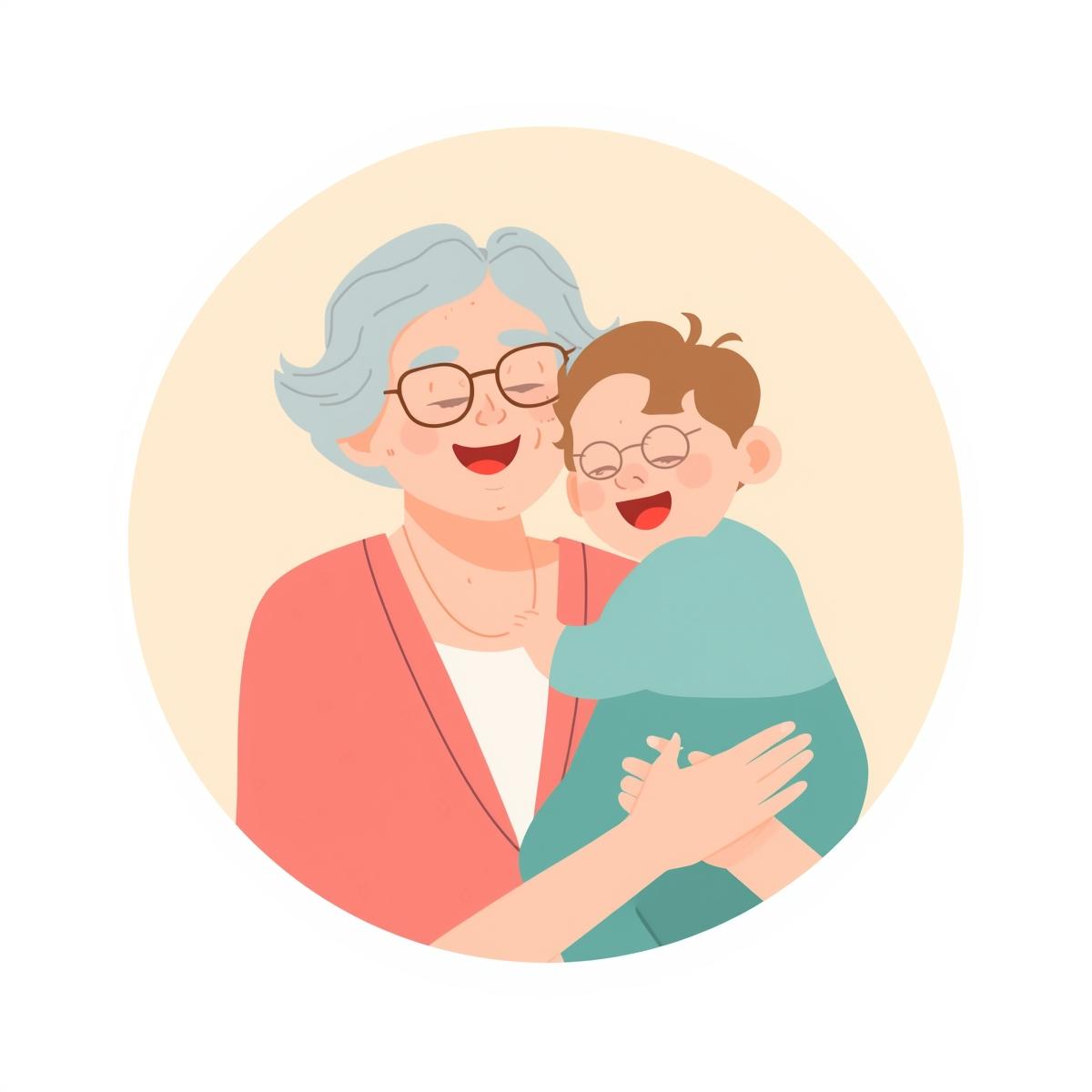 An older woman with gray hair carrying a young child.