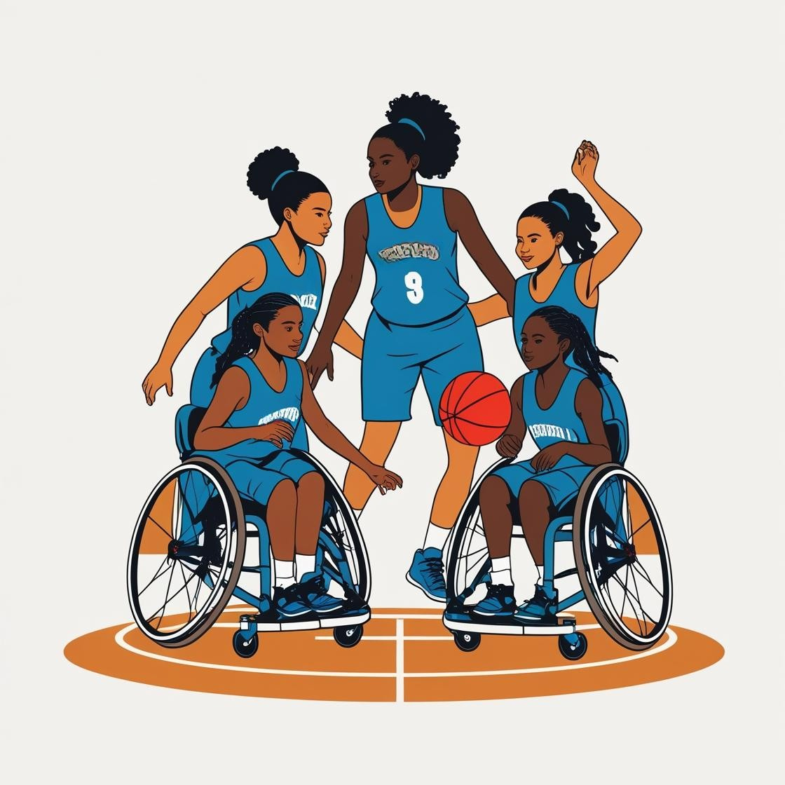 A team of girls huddled in a circle. Two of the girls are sitting in a wheelchair, one of them holding a basketball.