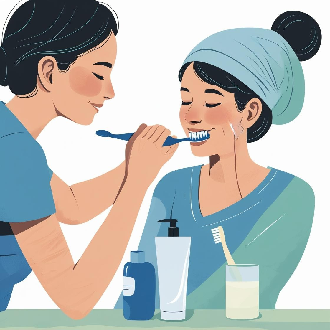 A caretaker assisting a woman with brushing her teeth.