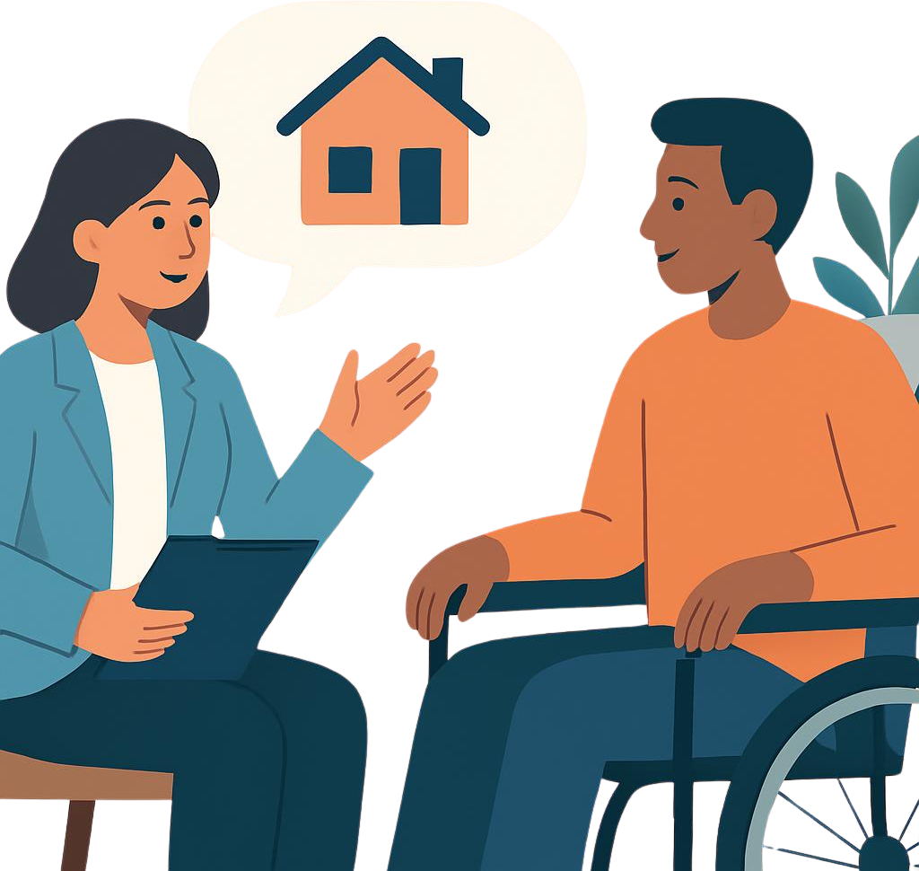 Social worker speaking to a person in a wheelchair about housing.