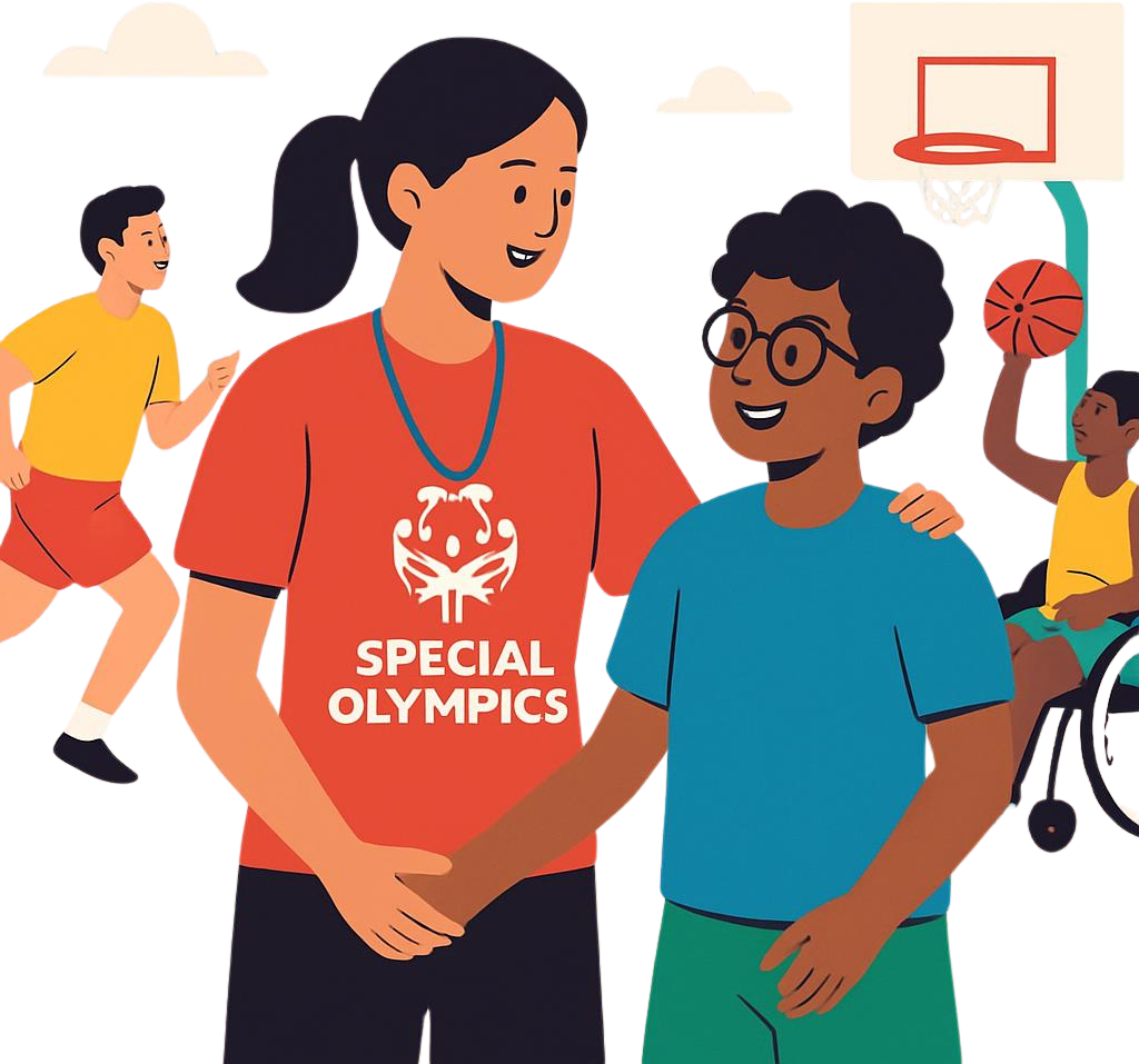 A Special Olympics provider/coach working with athletes with disabilities.