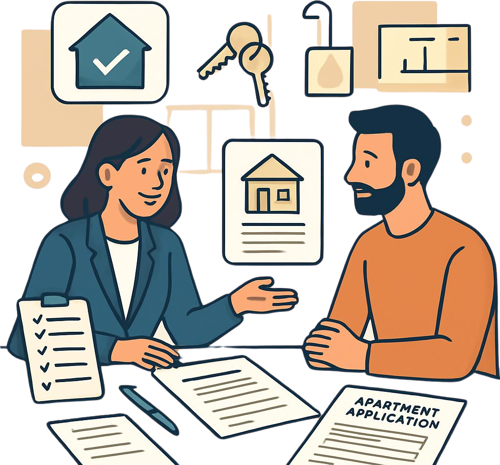 A housing specialist worker meeting with a client in vector art style, discussing housing plans with documents and paperwork on table, visual elements showing housing checklist, keys, apartment application