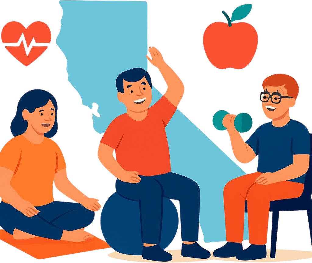 Graphic with only 2-3 people with developmental disabilities engaged in wellness activities, clear prominent California state outline in background, wellness icons like heart, apple, fitness symbol