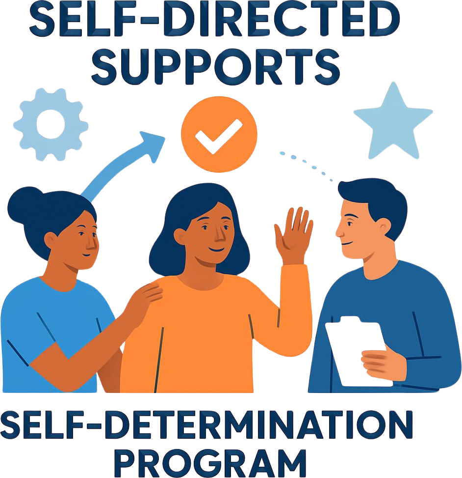 Vector art graphic showing 2-3 people representing Self-Directed Supports and Self-Determination Program, person with developmental disability being empowered and making choices.