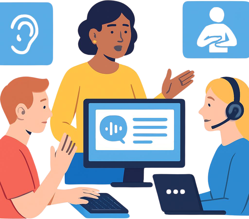 Graphic with 2-3 people showing communication aide vendor providing assistive technology training, person with hearing impairment using adaptive computer technology, sign language, hearing aids