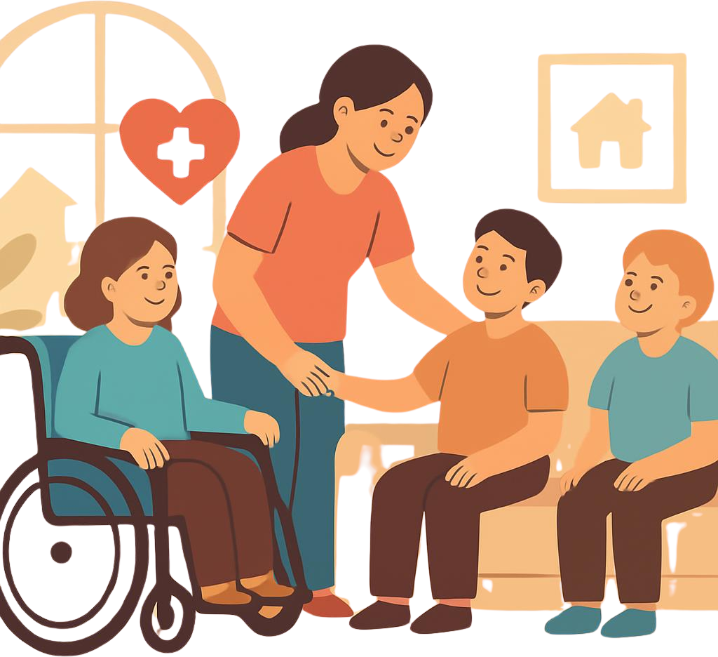 Graphic with 2-3 children with developmental disabilities in a warm home-like group home setting, caring staff member providing support, cozy residential environment, medical care symbols.