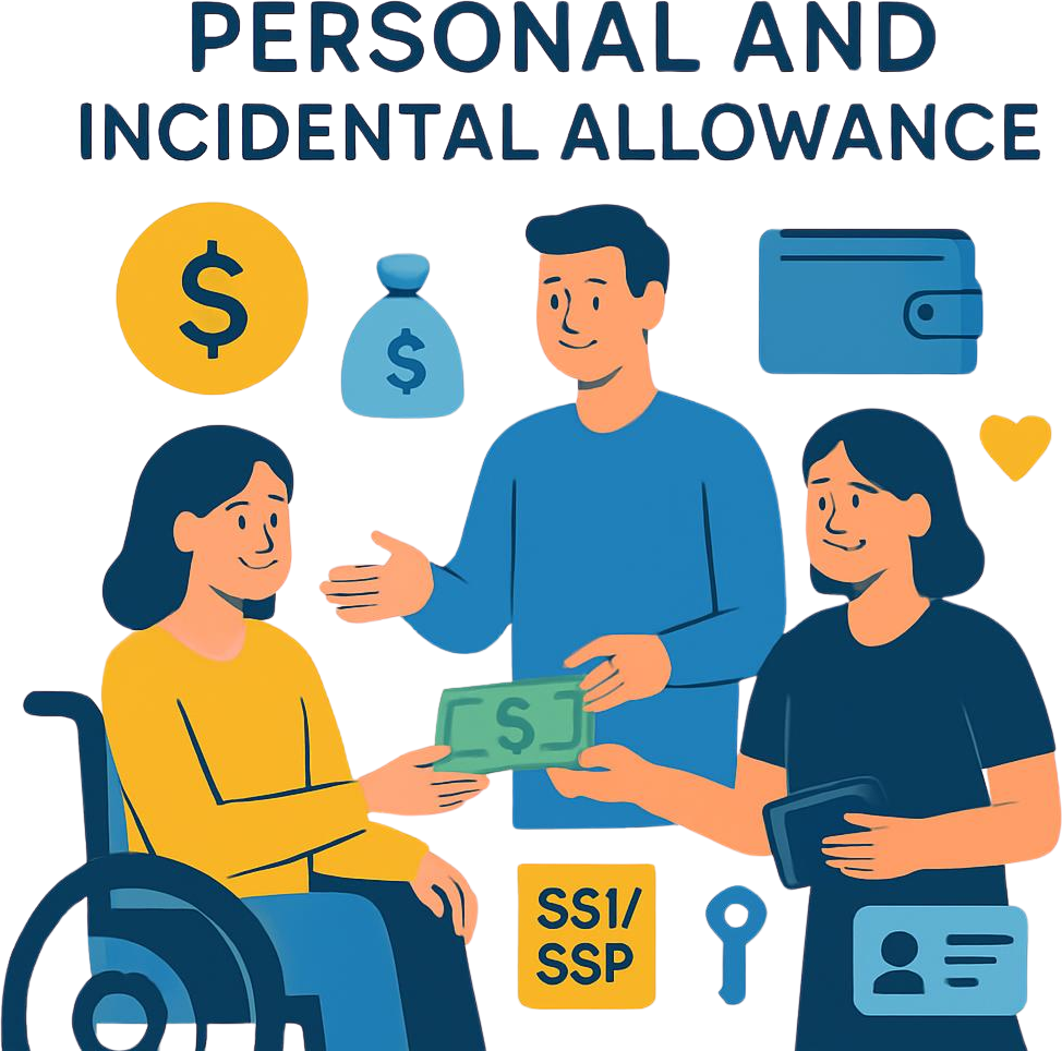 Graphic with 2-3 people showing Personal and Incidental allowance concept, residential care client receiving funds or money management support, vendor or regional center staff managing allowance