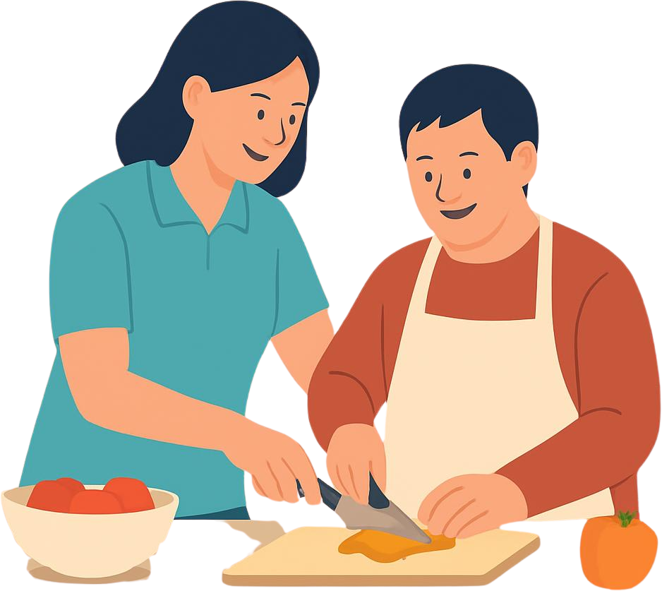 Vector art graphic with 2 people in kitchen setting, support worker helping consumer with developmental disability with cooking activity, preparing food together at kitchen counter, home environment.