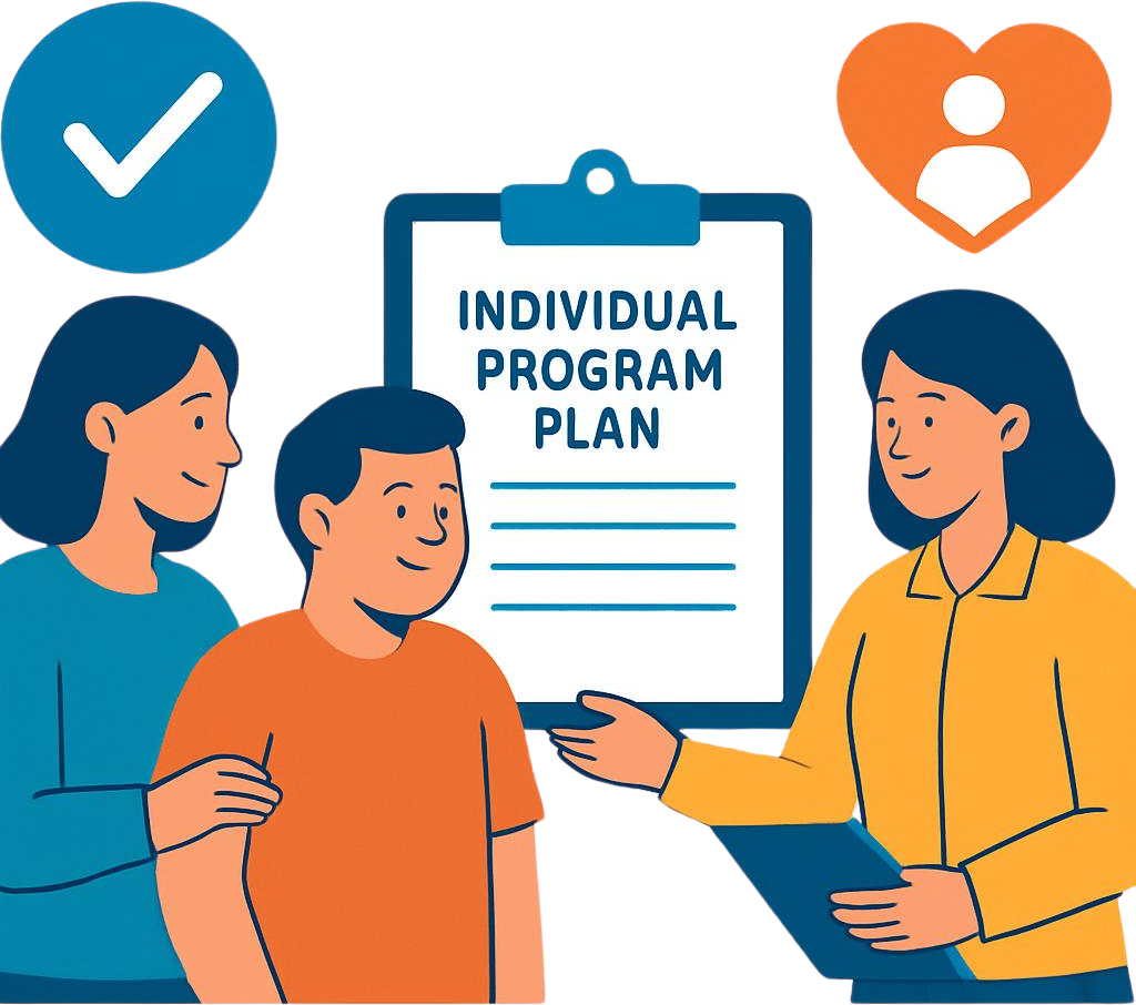Vector art graphic with 2-3 people showing consumer-directed services, consumer with developmental disability or family member selecting and directing trained provider, Individual Program Plan document
