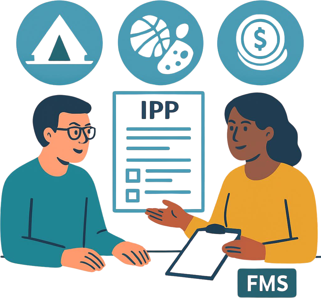Vector art graphic with 2 people, consumer with developmental disability meeting with social worker, discussing Individual Program Plan IPP document, Financial Management Service FMS symbols, social recreation