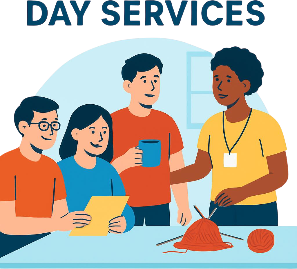 Vector art graphic with 2-3 people showing Day Services, adults with developmental disabilities participating in community activities, skill-building activities, group setting, community integration, vocations