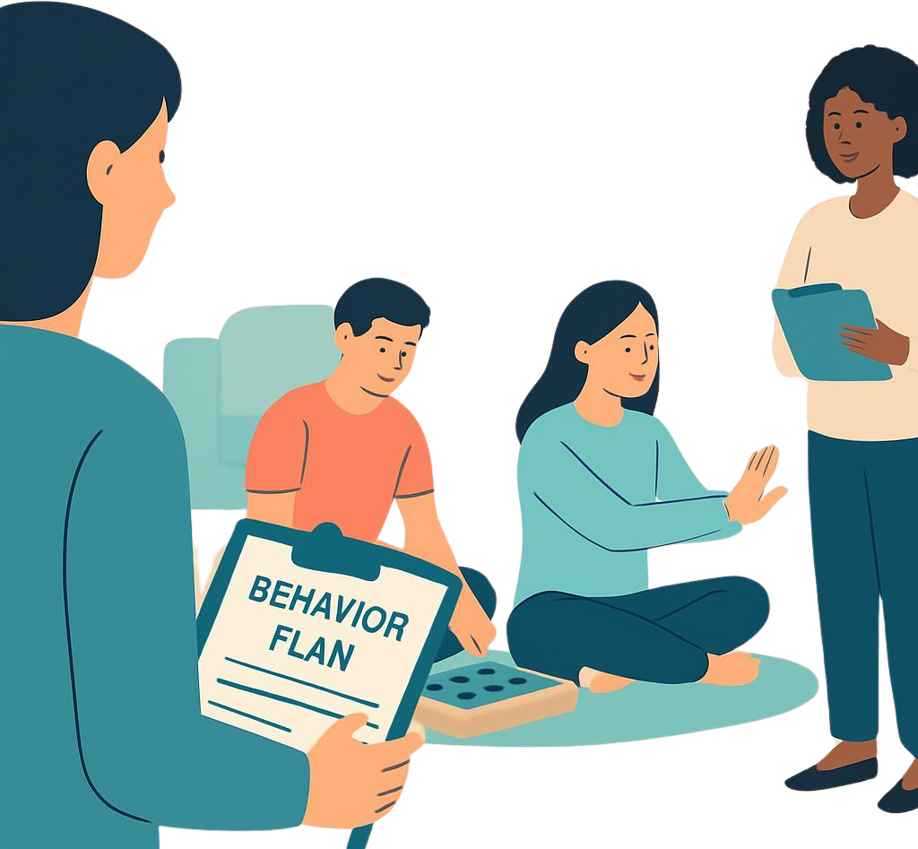 Vector art graphic with 2-3 people showing Behavioral Day Services in therapeutic environment, adults with developmental disabilities receiving behavioral therapy support, staff with behavior plan clipboard.