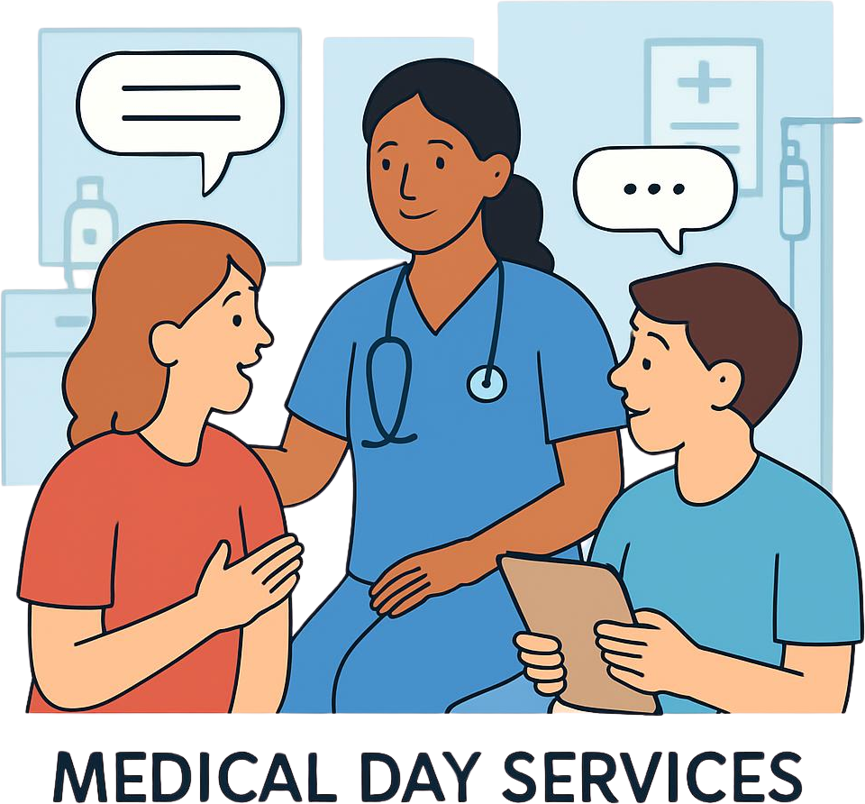 Vector art graphic with 2-3 people showing Medical Day Services, adults with developmental disabilities and health conditions working on communication skills, speech therapy or talking about their support