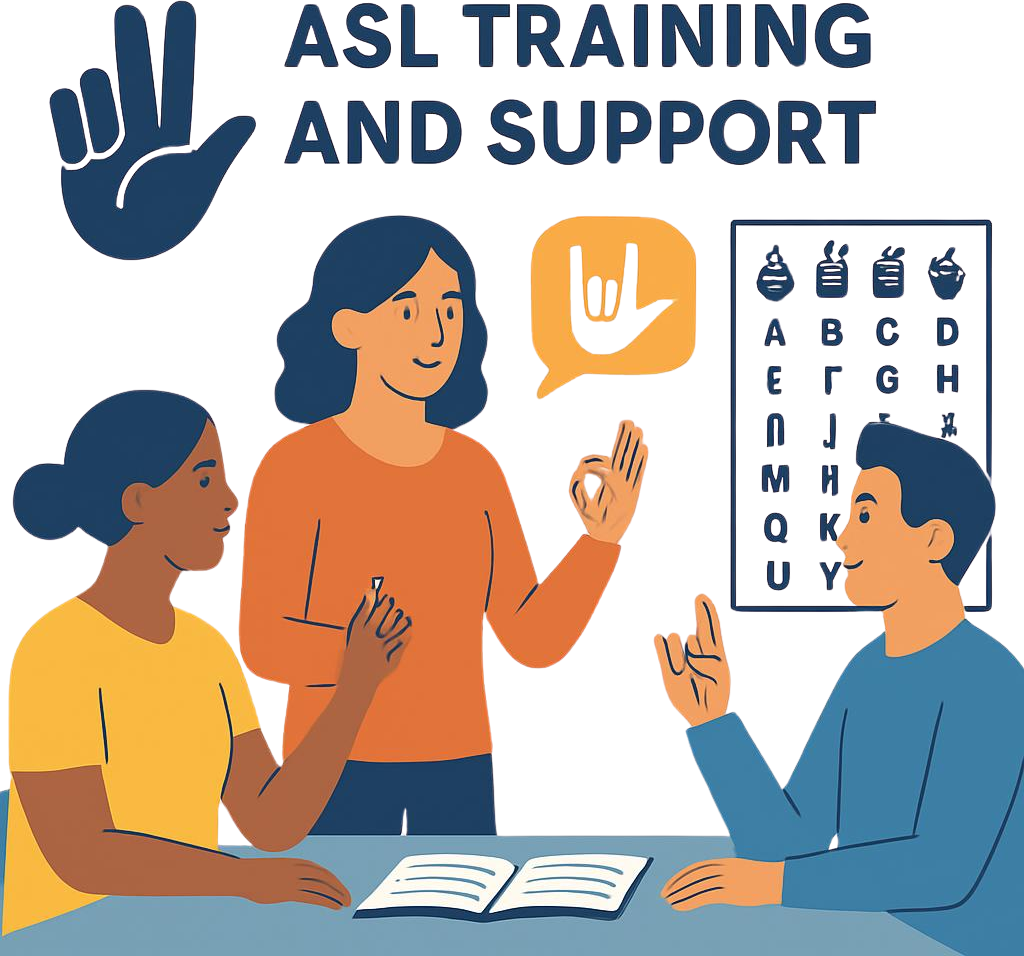 Vector art graphic with 2-3 people showing ASL Training and Support, deaf or hard of hearing individuals learning American Sign Language, instructor teaching ASL hand signs and gestures, communication symbol