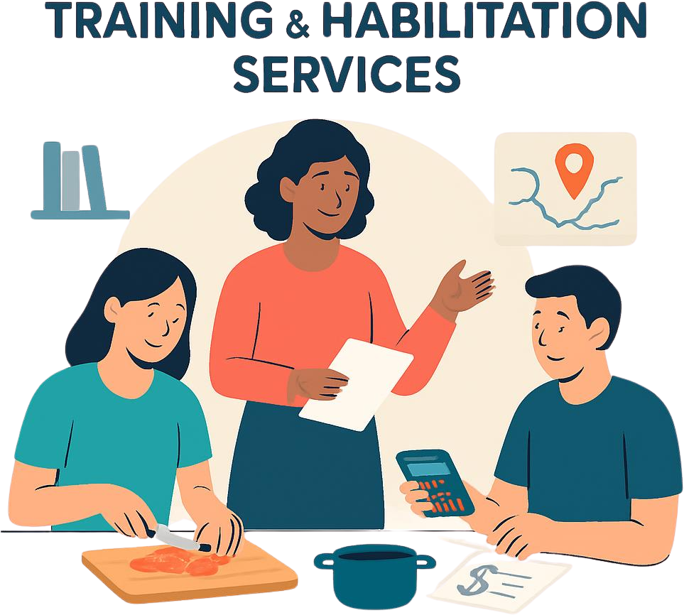 Graphic with 2-3 people showing Training and Habilitation Services, adults with developmental disabilities learning daily living skills, instructor teaching life skills like cooking, budgeting.